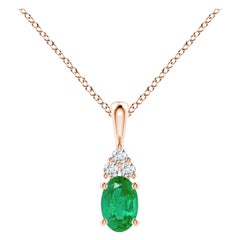 Colgante Solitario de Esmeralda Natural con Diamante en Oro Rosa Tamaño-6x4mm