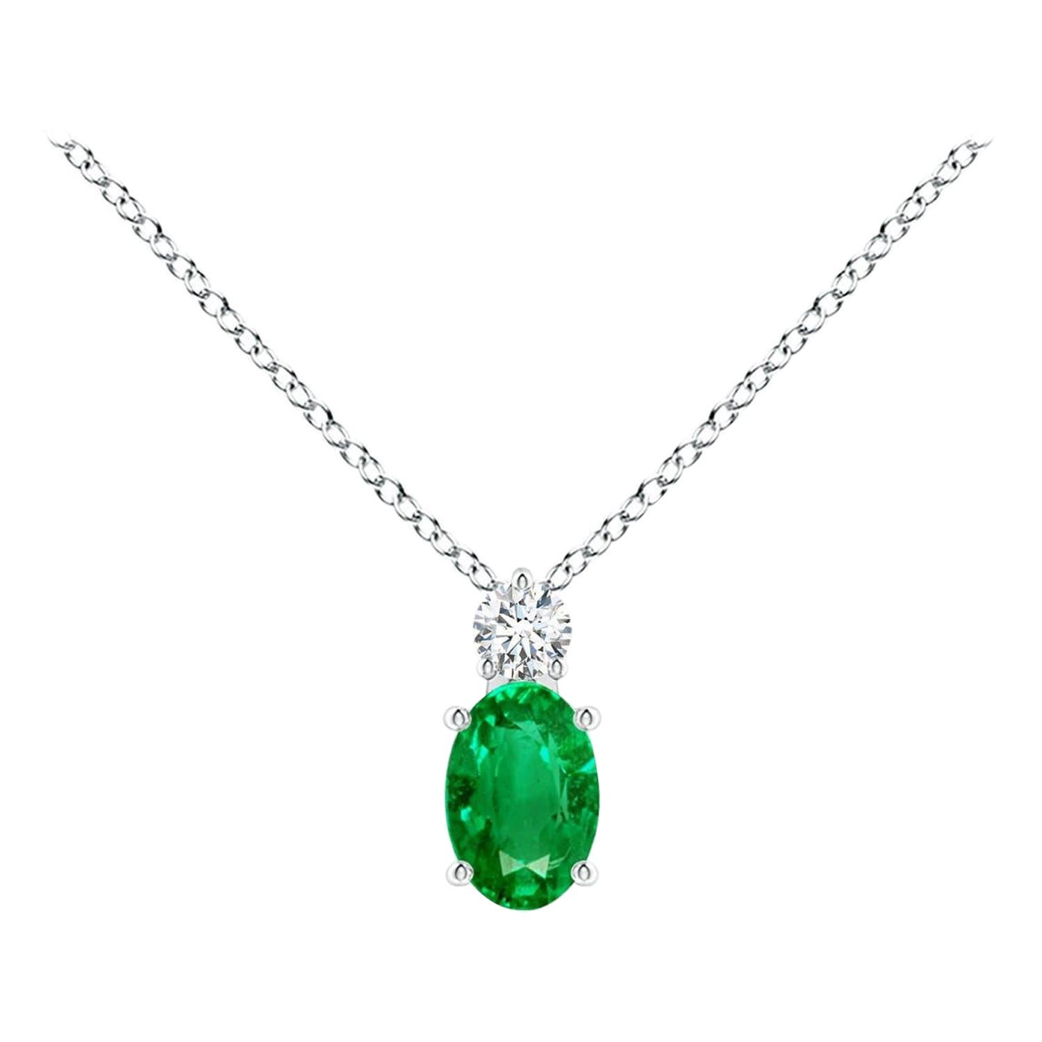 Natural Emerald Solitaire Pendant with Diamond in 14K White Gold 6x4mm For Sale