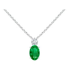 Natural Emerald Solitaire Pendant with Diamond in 14K White Gold 6x4mm