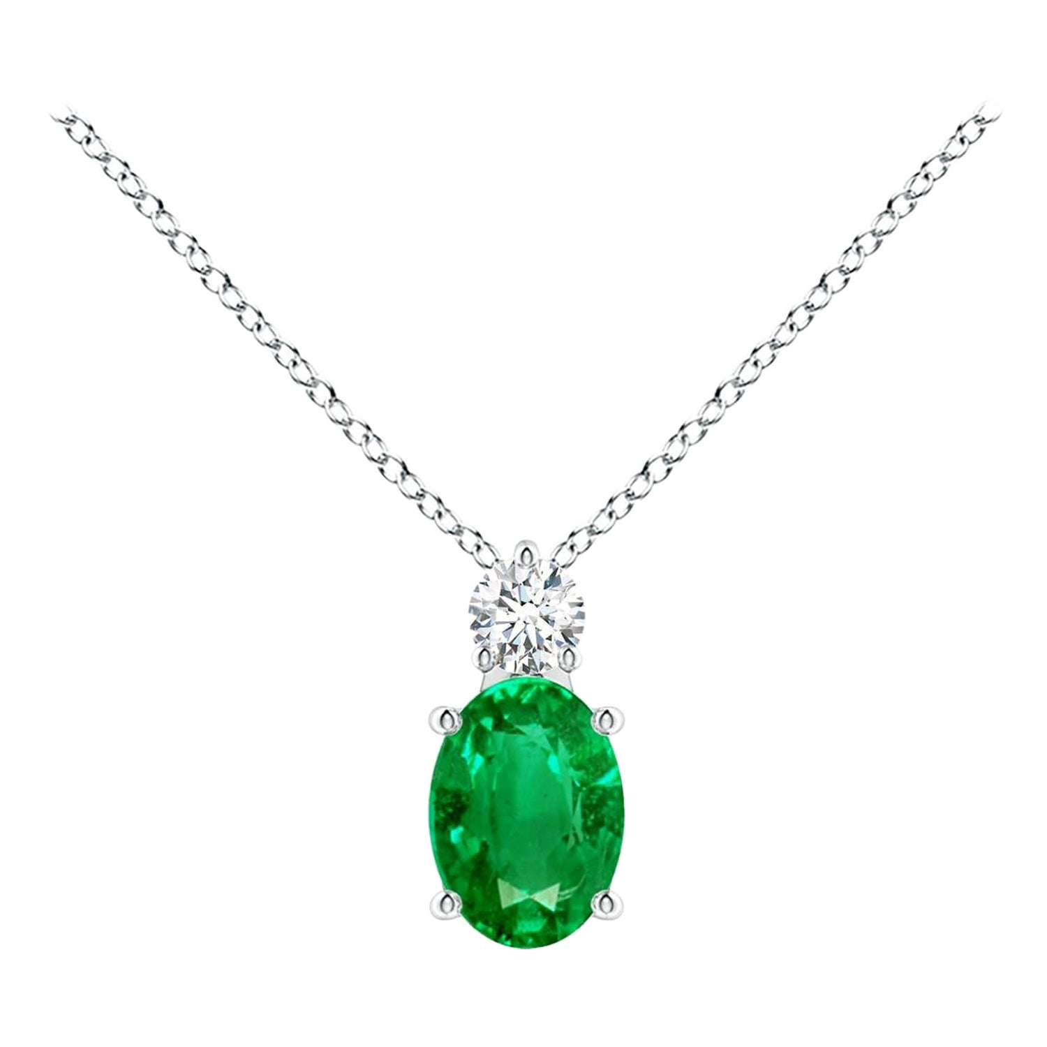 Natural Emerald Solitaire Pendant with Diamond in 14K White Gold 7x5mm For Sale