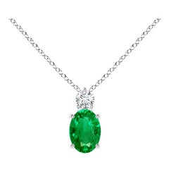Natural Emerald Solitaire Pendant with Diamond in 14K White Gold 7x5mm