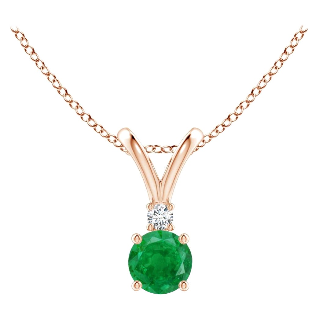 Natural Round 0.24ct Emerald Solitaire Pendant with Diamond in 14K Rose Gold For Sale