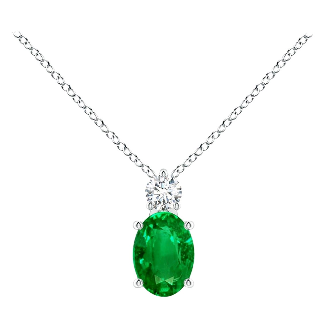 Natural Emerald Solitaire Pendant with Diamond in 14K White Gold 7x5mm For Sale