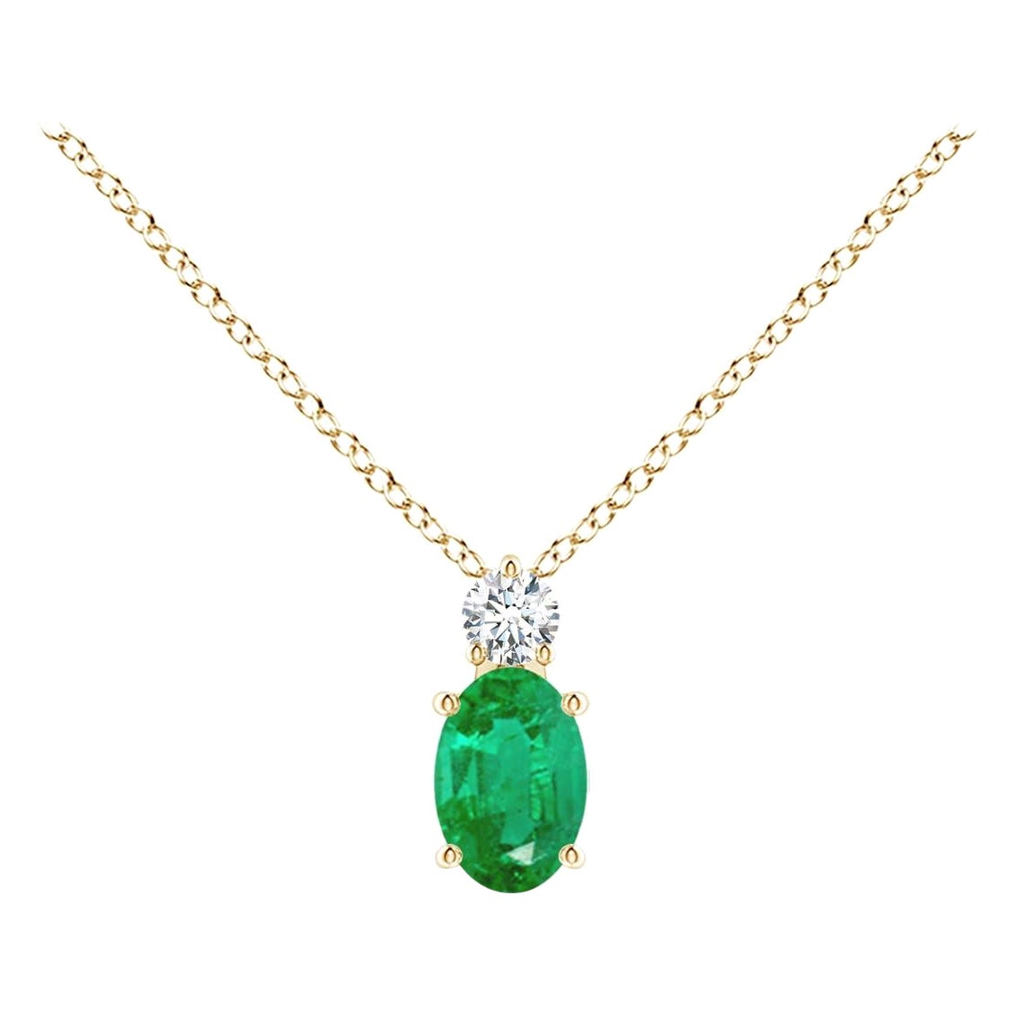Natural Emerald Solitaire Pendant with Diamond in 14K Yellow Gold 6x4mm For Sale