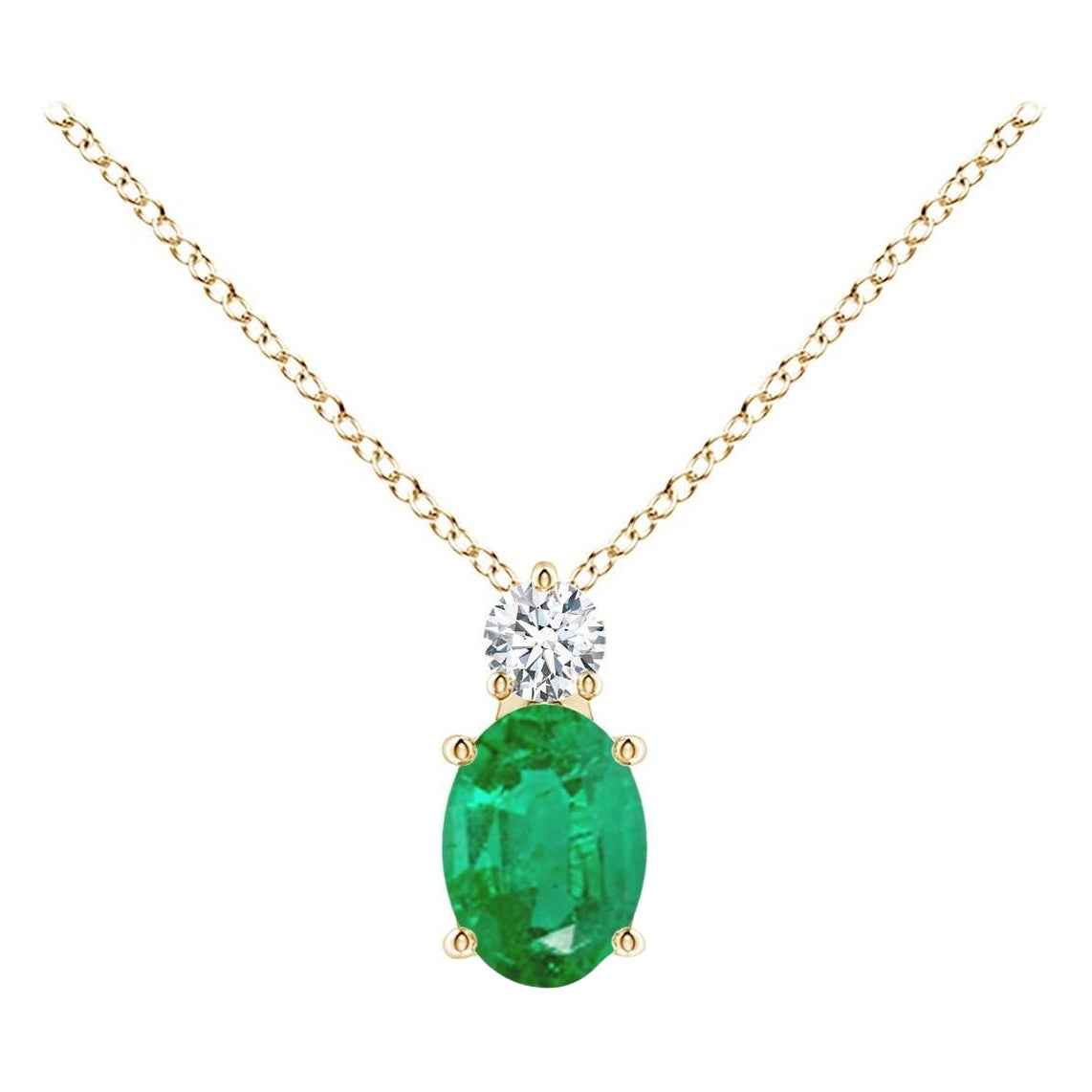 Natural Emerald Solitaire Pendant with Diamond in 14K Yellow Gold 7x5mm For Sale