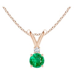 Natural Round 0.24ct Emerald Solitaire Pendant with Diamond in 14K Rose Gold