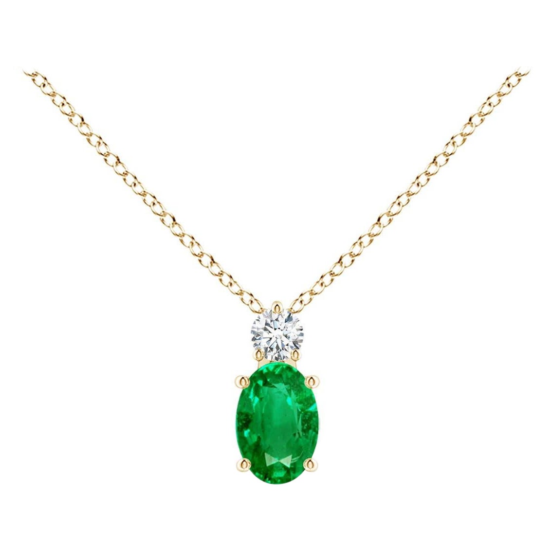 Natural Emerald Solitaire Pendant with Diamond in 14K Yellow Gold 6x4mm For Sale