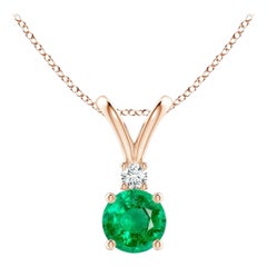 Natural Round 0.45ct Emerald Solitaire Pendant with Diamond in 14K Rose Gold
