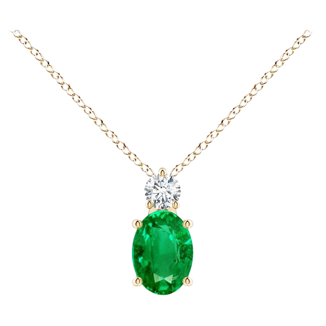 Natural Emerald Solitaire Pendant with Diamond in 14K Yellow Gold 7x5mm