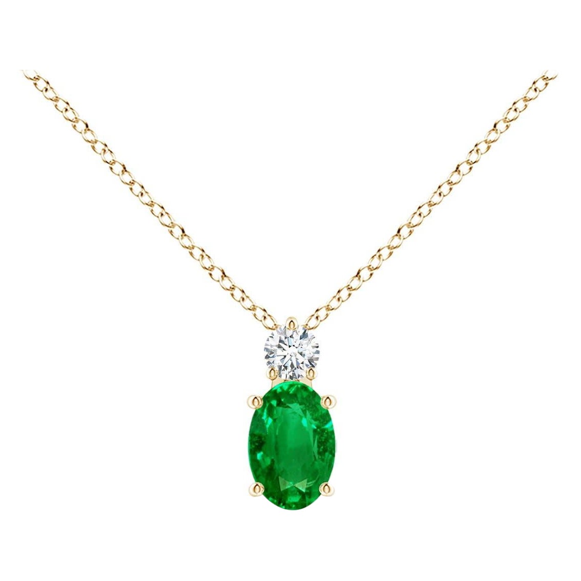 Natural Emerald Solitaire Pendant with Diamond in 14K Yellow Gold 6x4mm
