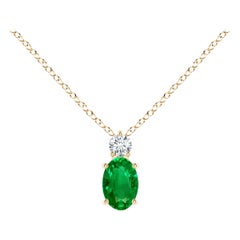 Colgante Solitario de Esmeralda Natural con Diamante en Oro Amarillo de 14K 6x4mm