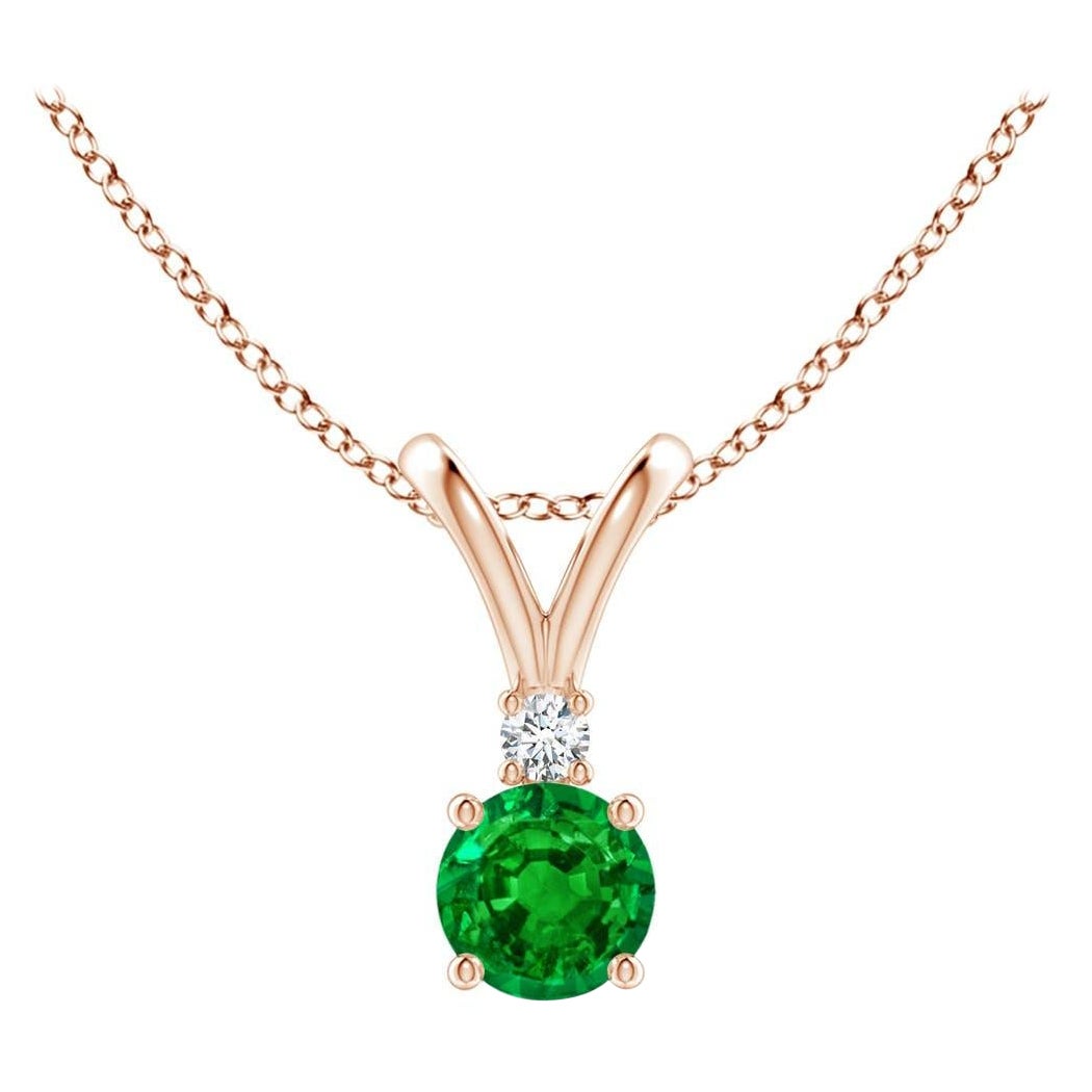 Natural Round 0.24ct Emerald Solitaire Pendant with Diamond in 14K Rose Gold For Sale