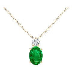 Pendentif solitaire en or jaune 14 carats avec émeraude naturelle et diamant de 7 x 5 mm