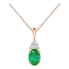 Natural Emerald Solitaire Pendant with Diamond in Rose Gold Size-7x5mm