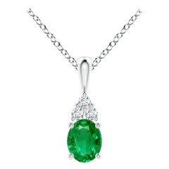 Colgante Solitario de Esmeralda Natural con Diamante en Oro Blanco Tamaño-5x4mm
