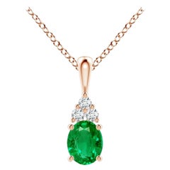 Colgante Solitario de Esmeralda Natural con Diamante en Oro Rosa Tamaño-5x4mm