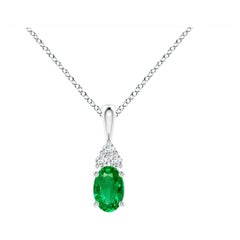 Natural Emerald Solitaire Pendant with Diamond in White Gold Size-6x4mm
