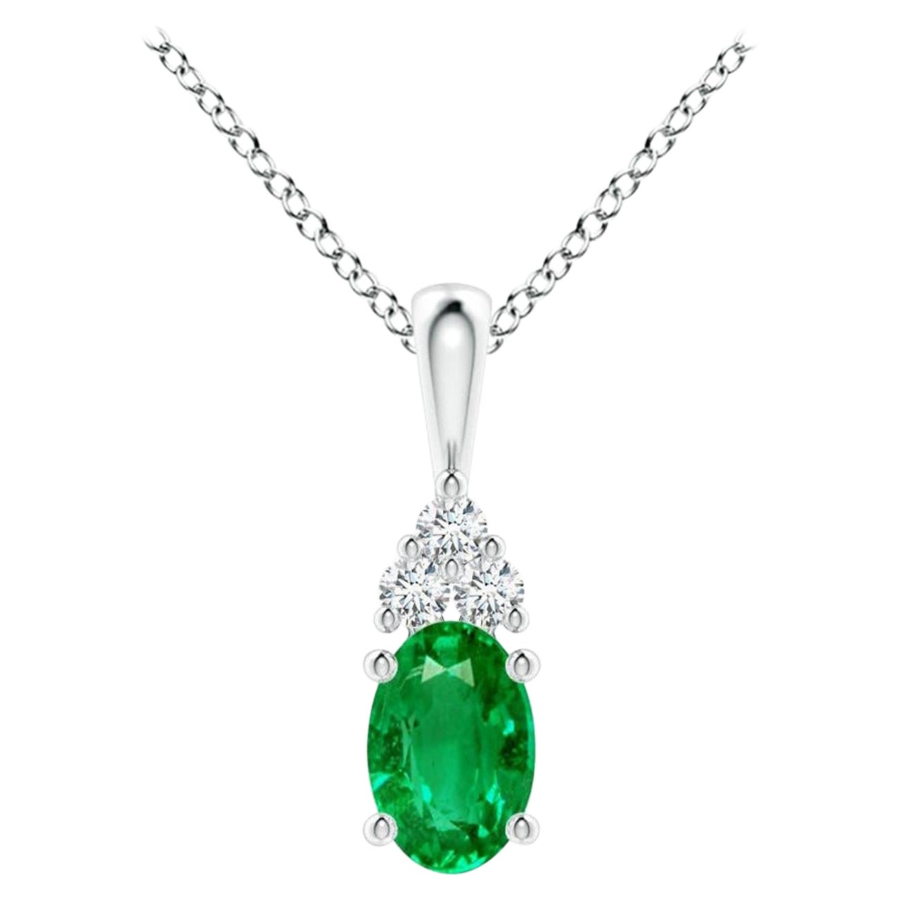Colgante Solitario de Esmeralda Natural con Diamante en Oro Blanco Tamaño-6x4mm