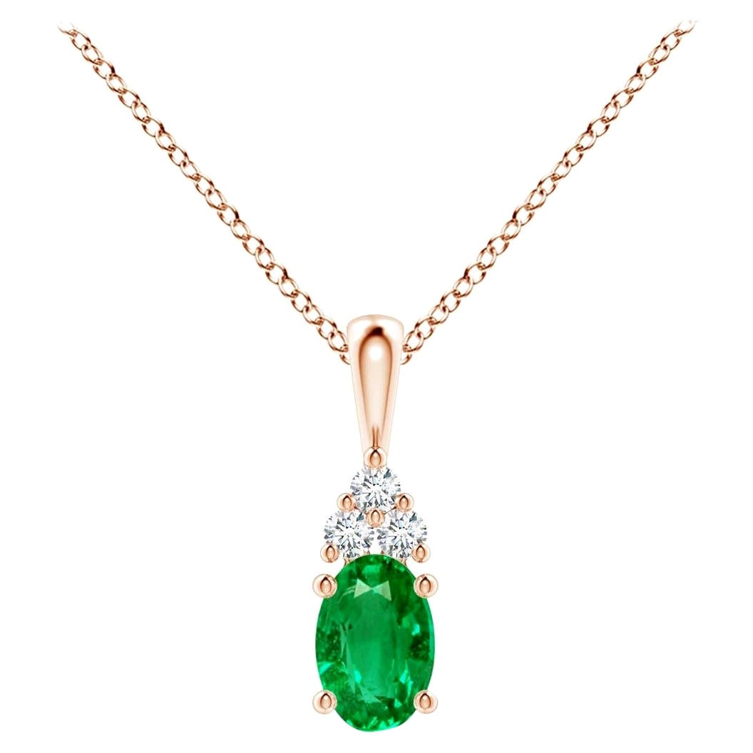 Colgante Solitario de Esmeralda Natural con Diamante en Oro Rosa Tamaño-6x4mm