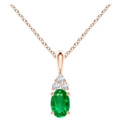 Pendentif solitaire en or rose avec émeraude naturelle et diamant, taille 6 x 4 mm