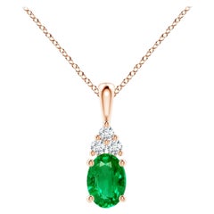 Pendentif solitaire en or rose avec émeraude naturelle et diamants, taille 7 x 5 mm