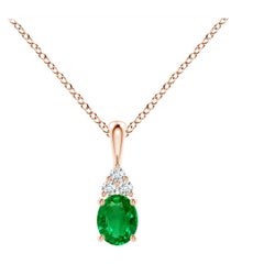 Natural Emerald Solitaire Pendant with Diamond in Rose Gold Size-5x4mm