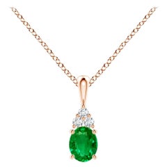 Pendentif solitaire en or rose avec émeraude naturelle et diamant, taille 5 x 4 mm