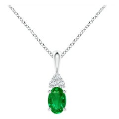 Natural Emerald Solitaire Pendant with Diamond in White Gold Size-6x4mm