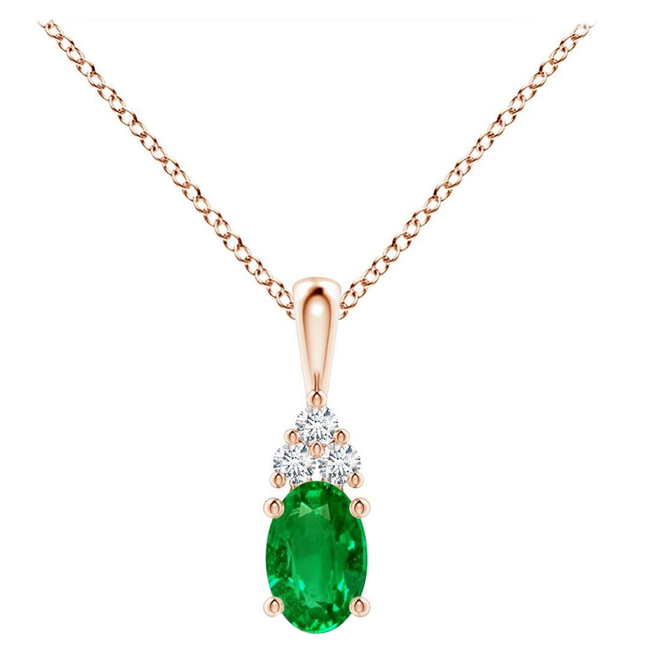 Natural Emerald Solitaire Pendant with Diamond in Rose Gold Size-6x4mm For Sale