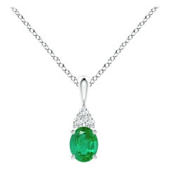 Colgante Solitario de Esmeralda Natural con Diamante en Oro Blanco Tamaño-5x4mm