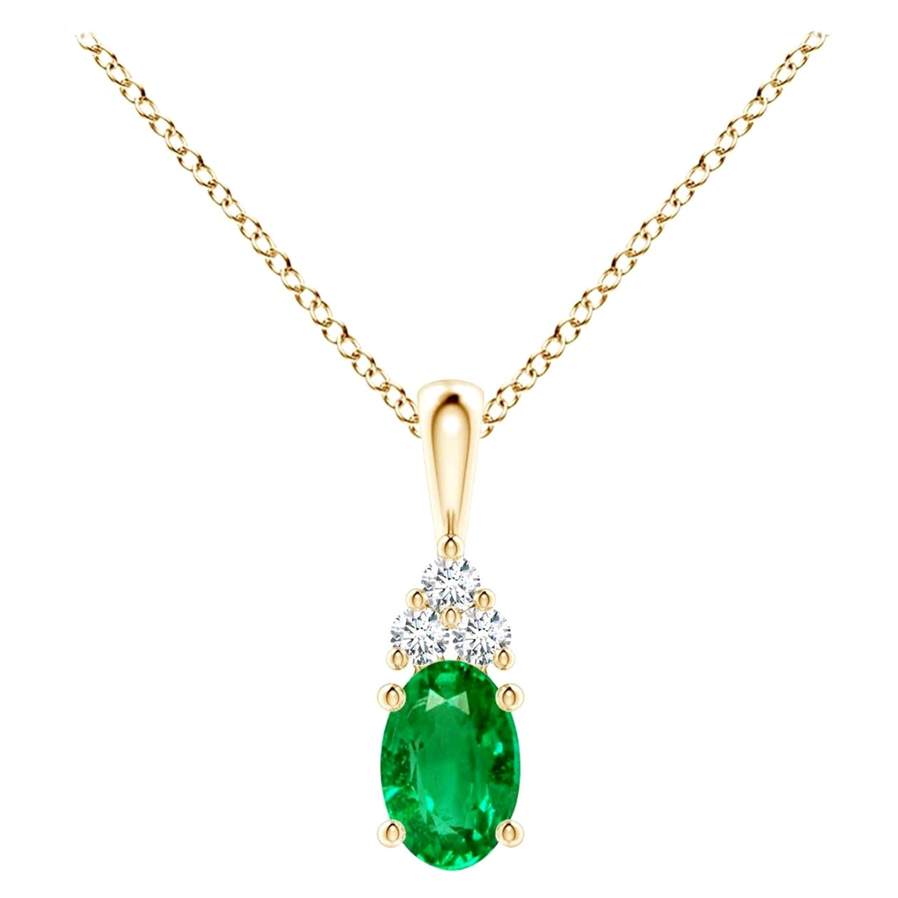 Colgante Solitario de Esmeralda Natural con Diamante en Oro Amarillo Tamaño-6x4mm