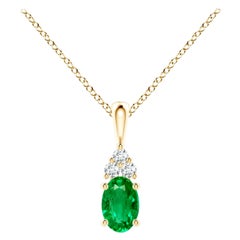 Colgante Solitario de Esmeralda Natural con Diamante en Oro Amarillo Tamaño-6x4mm