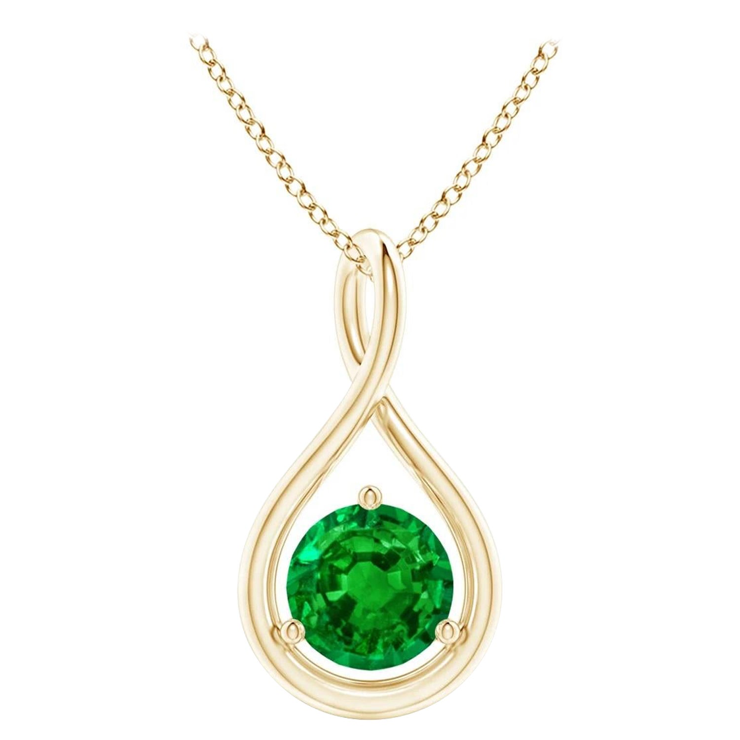 Natural Solitaire Round Emerald Infinity Pendant in 14K Yellow Gold 5mm For Sale
