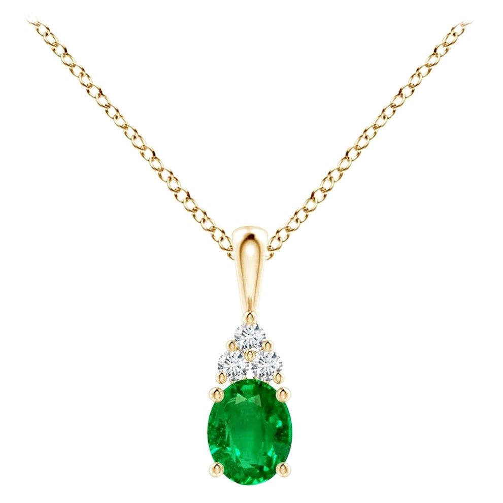 Colgante Solitario de Esmeralda Natural con Diamante en Oro Amarillo Tamaño-5x4mm