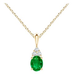 Colgante Solitario de Esmeralda Natural con Diamante en Oro Amarillo Tamaño-5x4mm