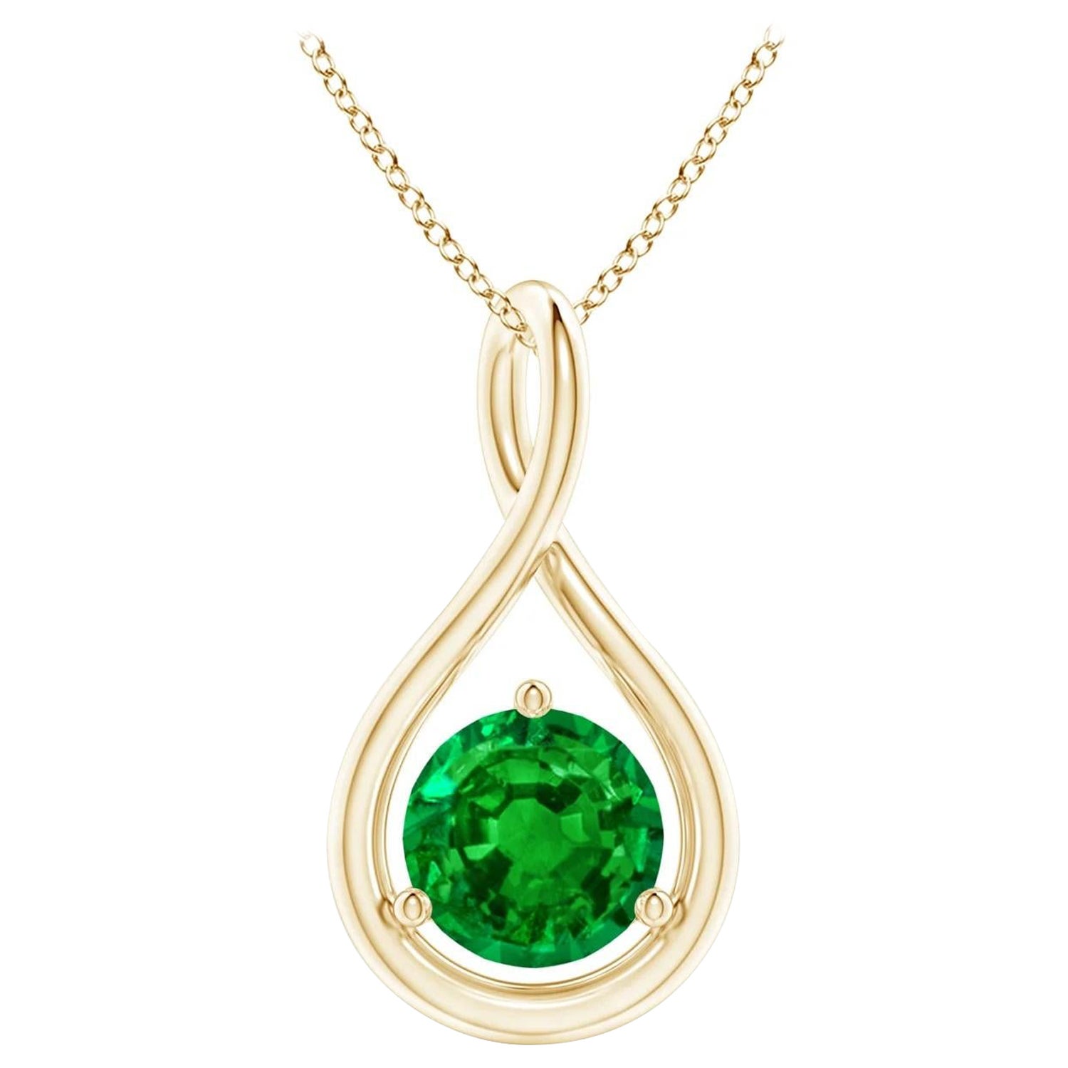 Natural Solitaire Round Emerald Infinity Pendant in 14K Yellow Gold 6mm For Sale