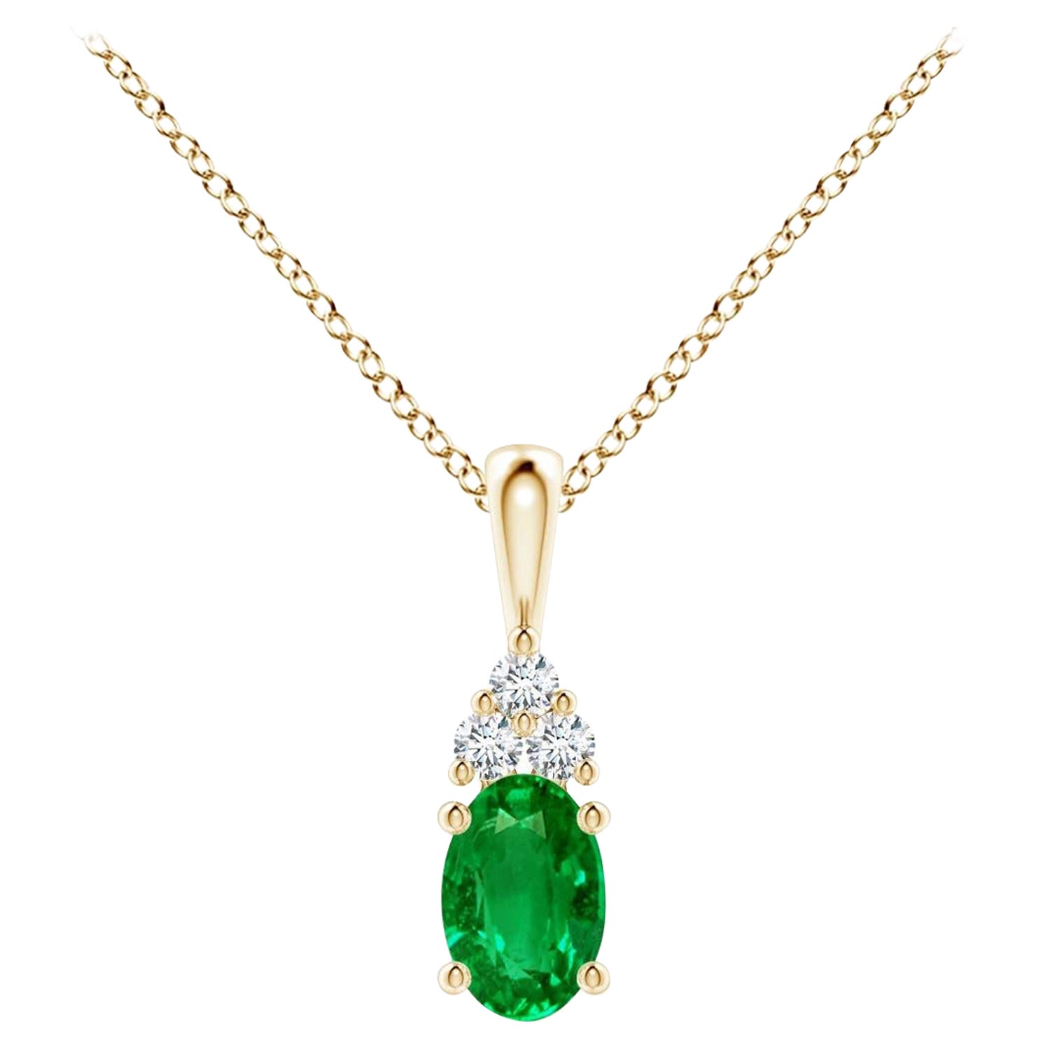 Natural Emerald Solitaire Pendant with Diamond in Yellow Gold Size-6x4mm For Sale