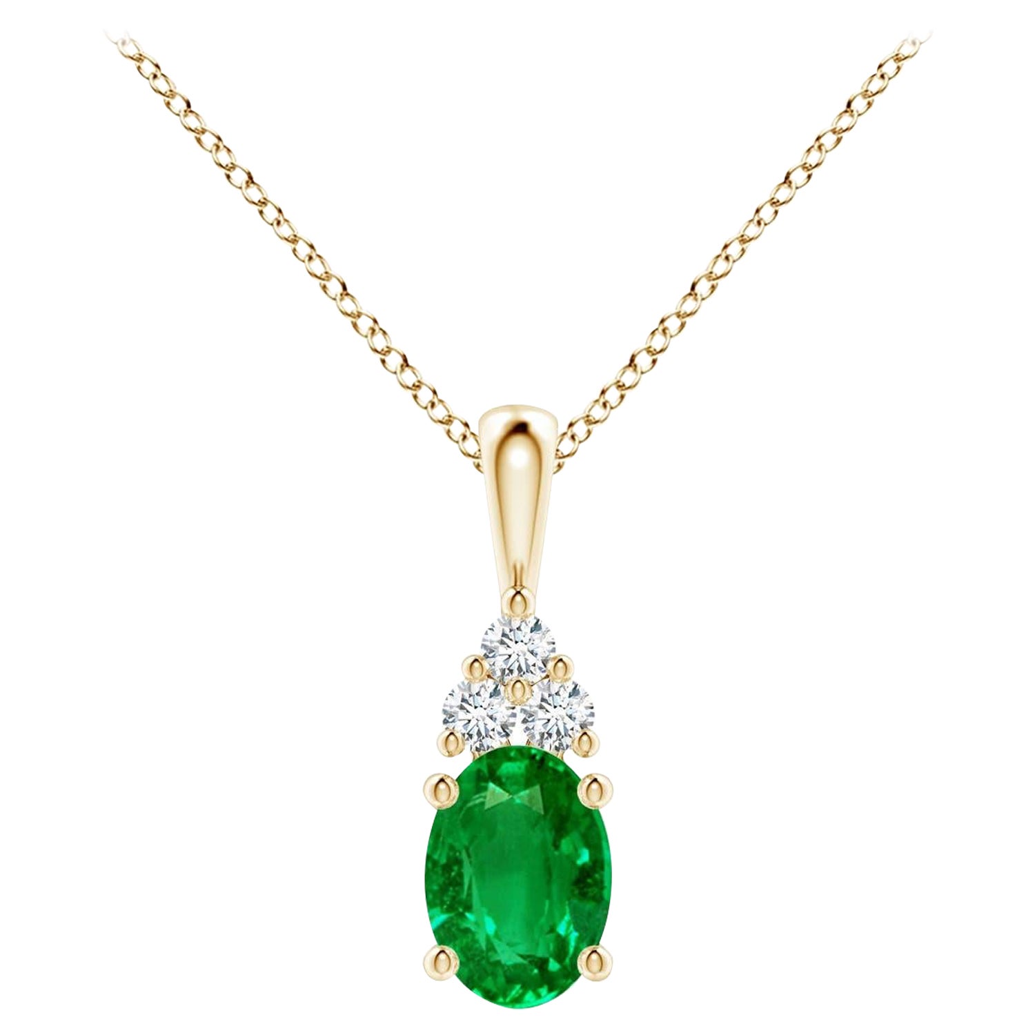 Natural Emerald Solitaire Pendant with Diamond in Yellow Gold Size-7x5mm For Sale