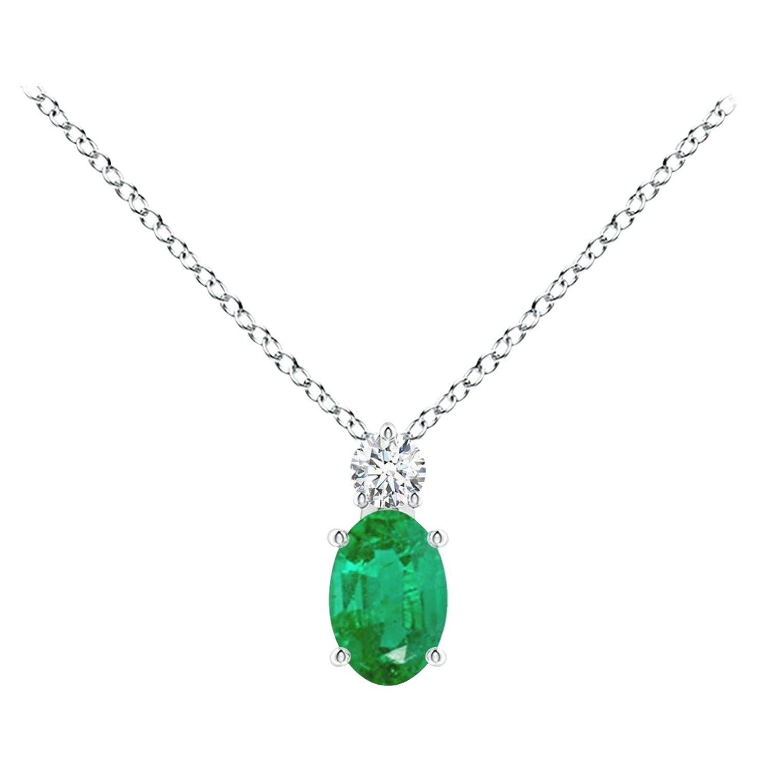 Natural Emerald Solitaire Pendant with Diamond in Platinum Size-6x4mm For Sale