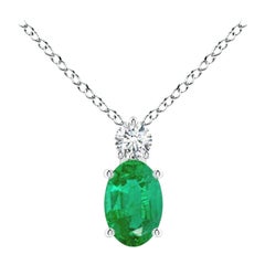 Colgante Solitario de Esmeralda Natural con Diamante en Platino Tamaño-6x4mm