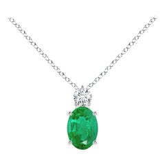 Natural Emerald Solitaire Pendant with Diamond in Platinum Size-7x5mm