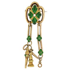 Antique French Gold and Green Enamel Watch Fob Brooch