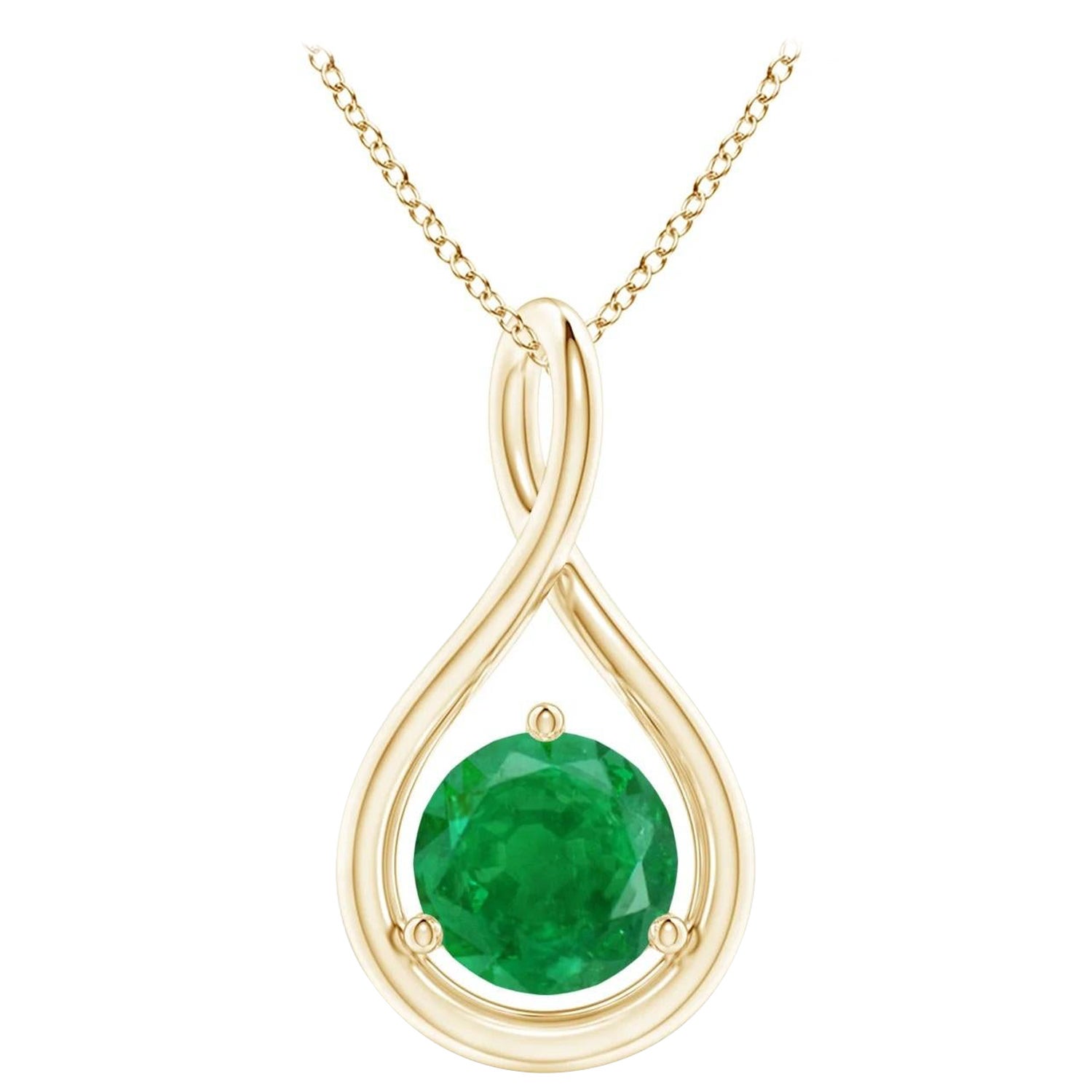 Natural Solitaire Round Emerald Infinity Pendant in 14K Yellow Gold 6mm For Sale