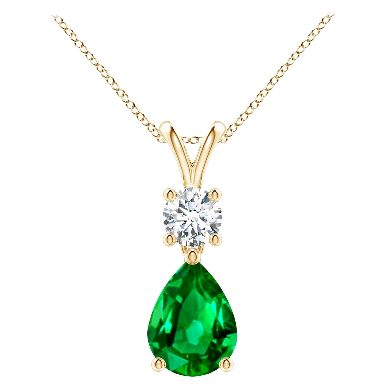 Natural Pear-Shaped Emerald V-Bale Pendant in 14K Yellow Gold Size-8x6mm