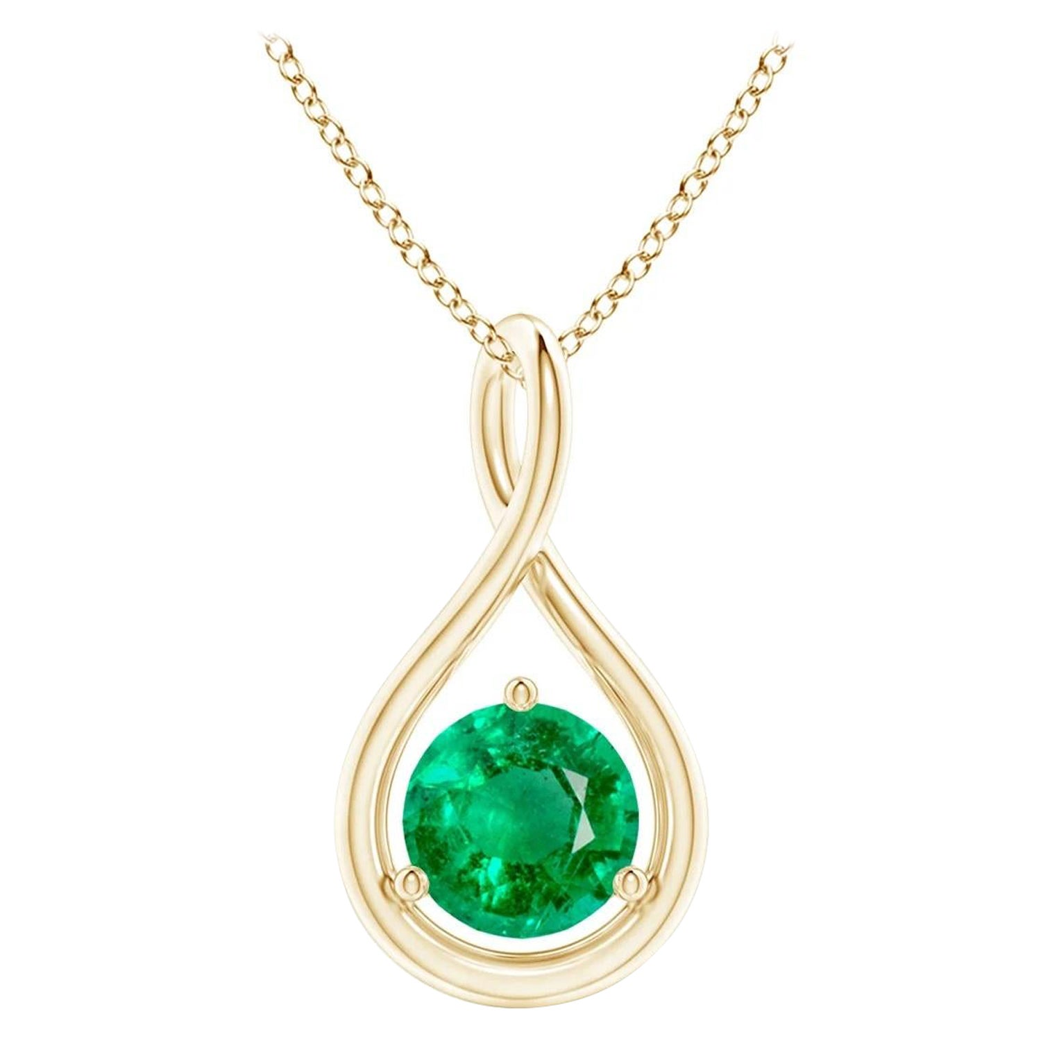 Natural Solitaire Round Emerald Infinity Pendant in 14K Yellow Gold 5mm For Sale