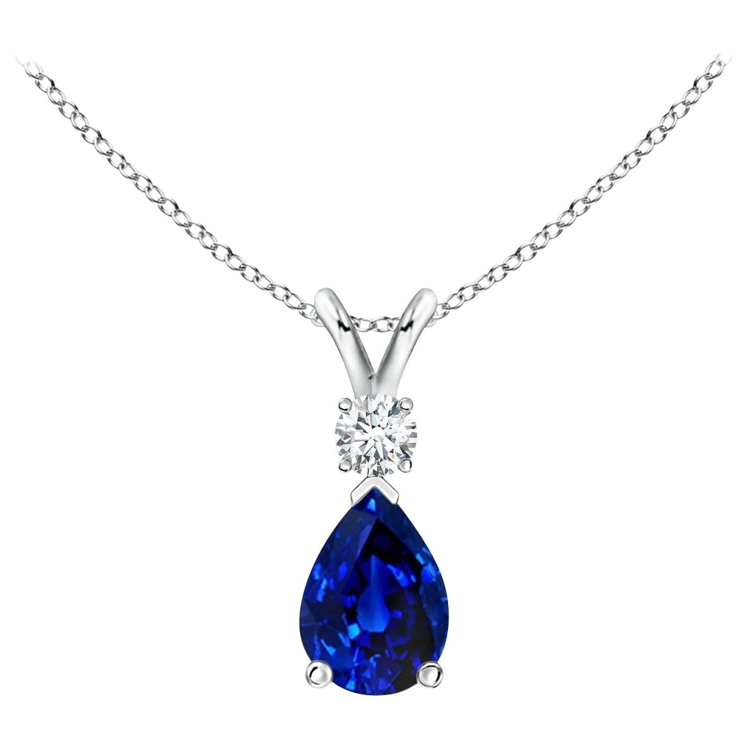 ANGARA Natural 0.75ct Blue Sapphire Teardrop Pendant with Diamond in Platinum For Sale