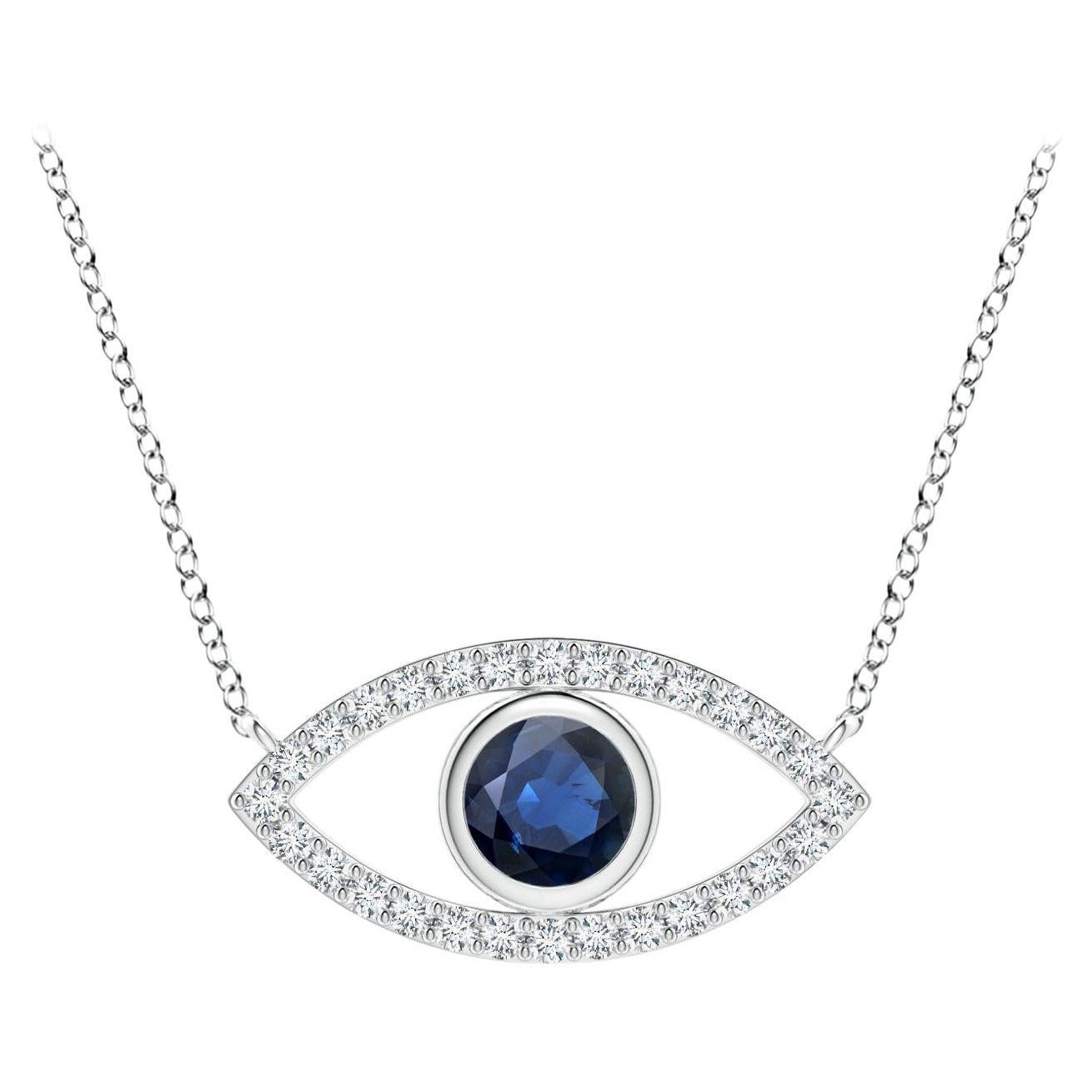 Natural Sapphire Evil Eye Pendant with Diamond in 14K White Gold 4.5mm