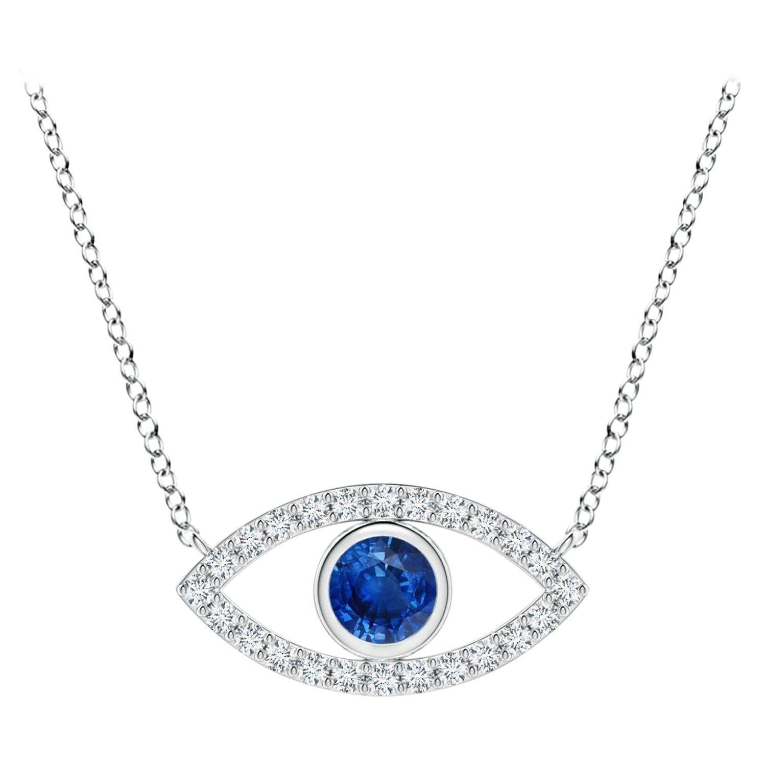 Natural Sapphire Evil Eye Pendant with Diamond in 14K White Gold 3.5mm For Sale