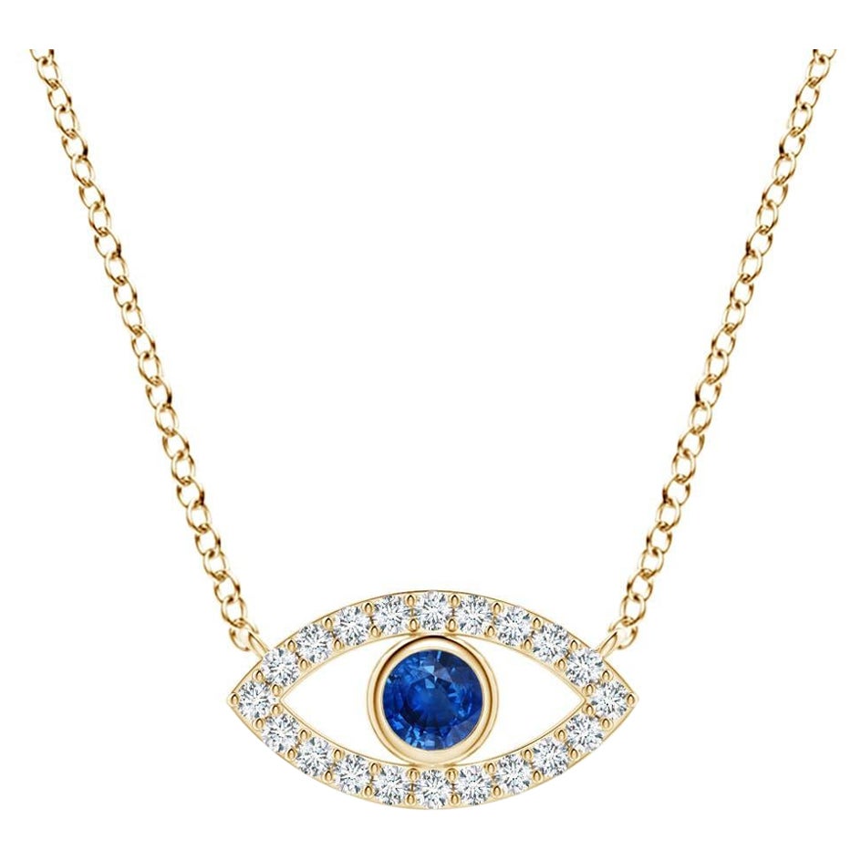 Natural Sapphire Evil Eye Pendant with Diamond in 14K Yellow Gold 2.5mm For Sale