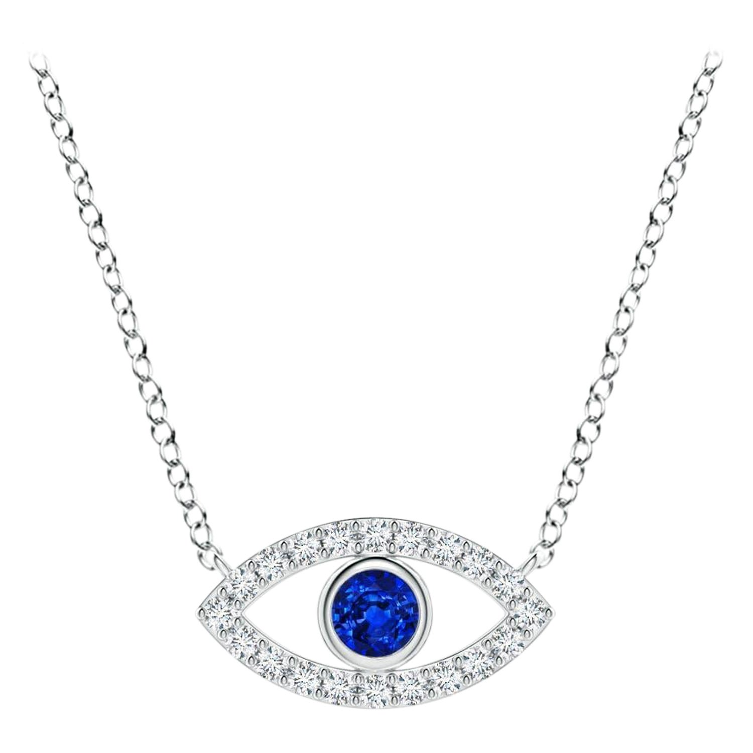 Natural Sapphire Evil Eye Pendant with Diamond in 14K White Gold 2.5mm For Sale
